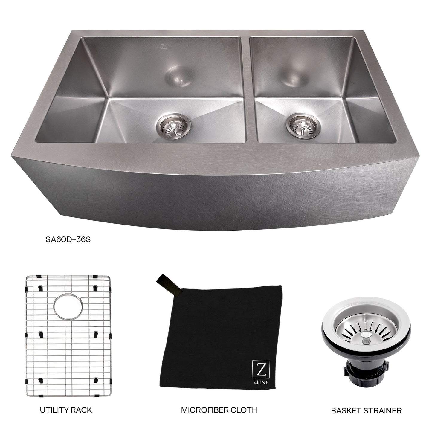 SA60D-36S - 36" Courchevel Farmhouse Apron Mount Double Bowl Satin Stainless Steel Kitchen Sink with Bottom Grid