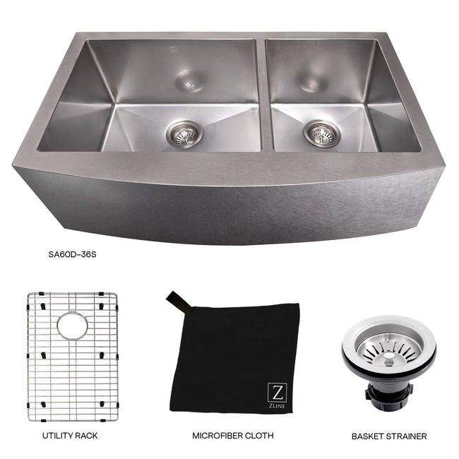 SA60D-36S - 36" Courchevel Farmhouse Apron Mount Double Bowl Satin Stainless Steel Kitchen Sink with Bottom Grid