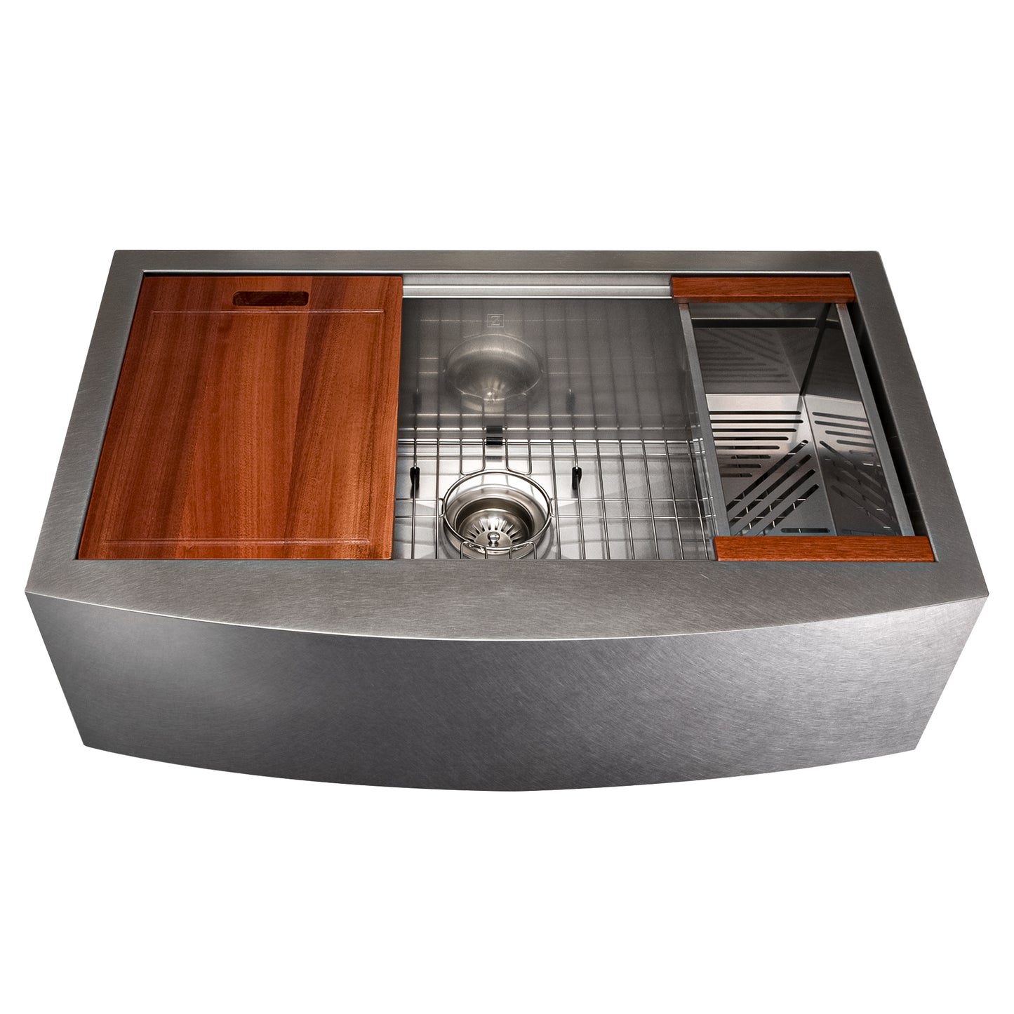 SLSAP-33S - 33" Moritz Farmhouse Apron Mount Single Bowl Satin Stainless Steel Kitchen Sink with Bottom Grid and Accessories