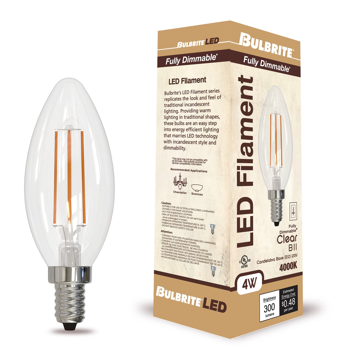 776930 - Dimmable B11 LED Candelabra Light Bulb - 4 Watt - 4000K - 4 Pack