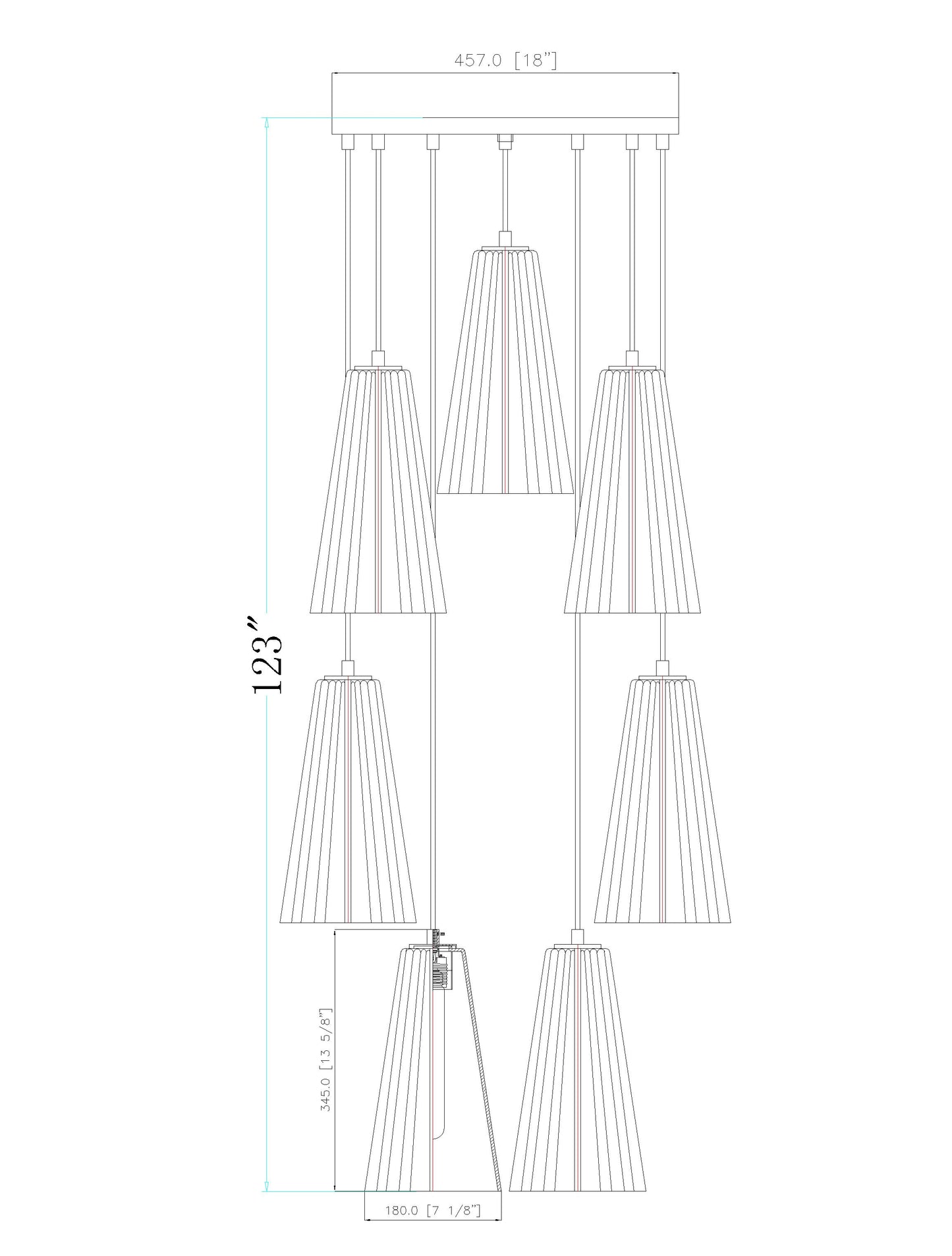 3043P7-7R-MGLD - Farrell 7 Light 18" Chandelier - Modern Gold