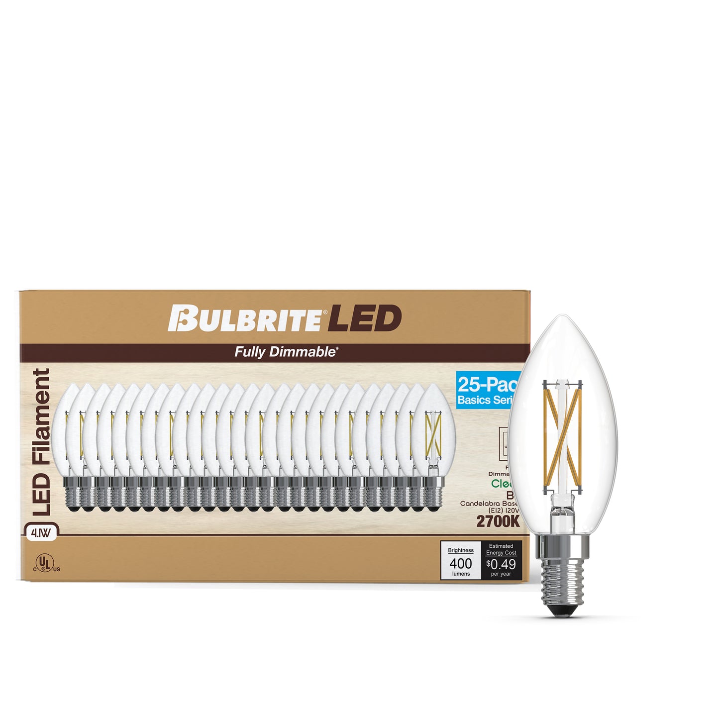 776235 - Filaments Dimmable Clear Glass B11 LED Light Bulb - 4.1 Watt - 2700K - 25 Pack
