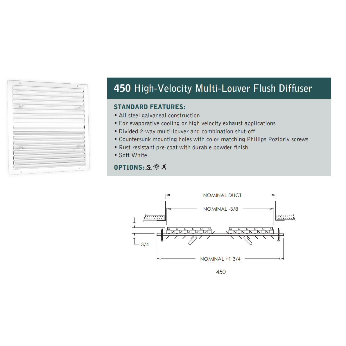 450 Series - 12" x  12" High Velocity Multi-Louver Flush Diffuser