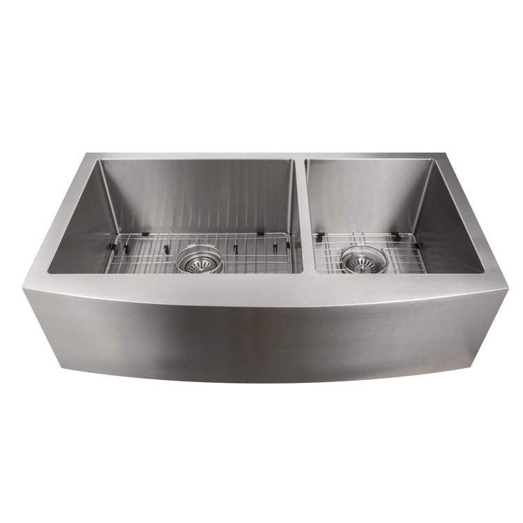 SA60D-36 - 36" Courchevel Farmhouse Apron Mount Double Bowl Stainless Steel Kitchen Sink with Bottom Grid