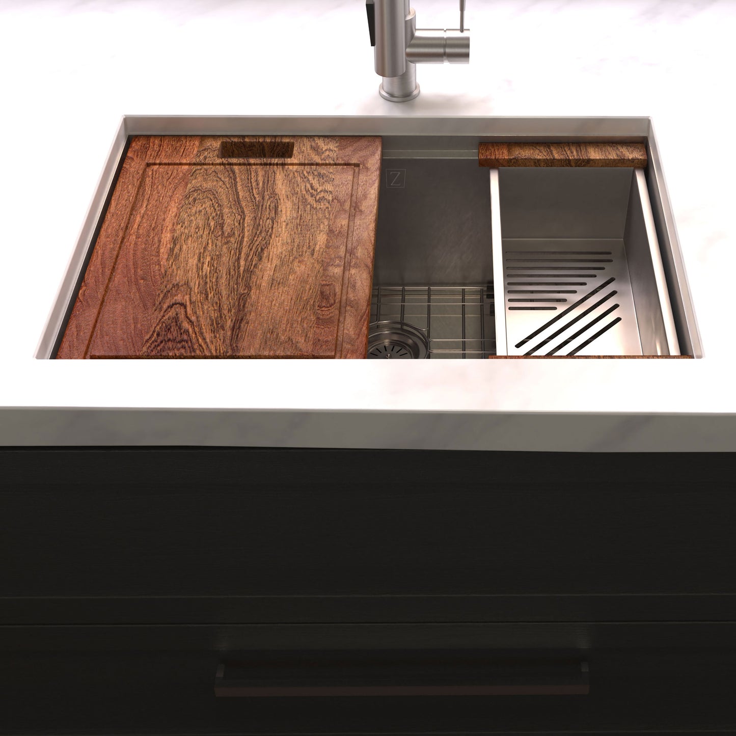 SLS-27S - 27" Garmisch Undermount Single Bowl Satin Stainless Steel Kitchen Sink with Bottom Grid and Accessories