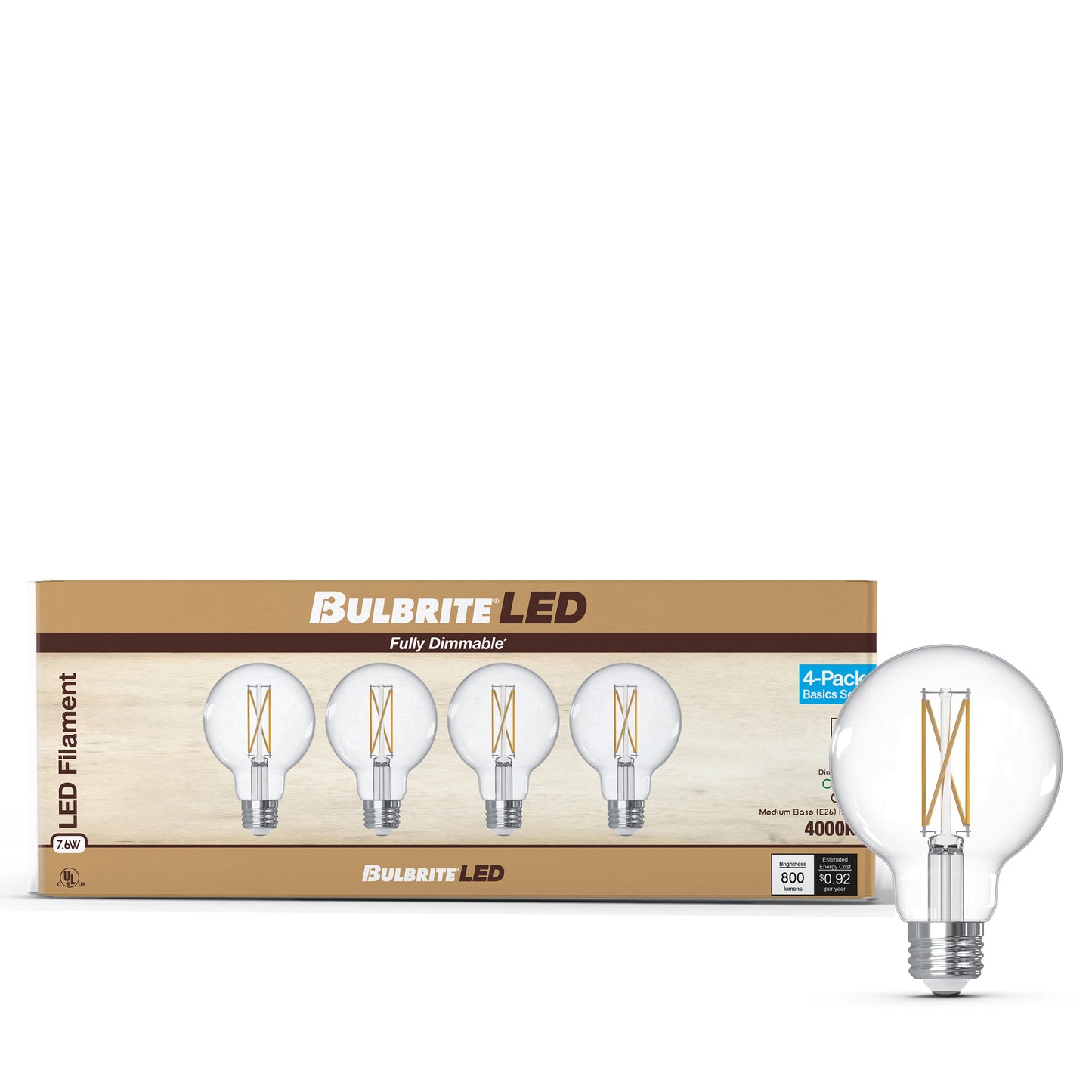776241 - Filaments Dimmable Clear Glass G25 LED Light Bulb - 7.6 Watt - 4000K - 4 Pack