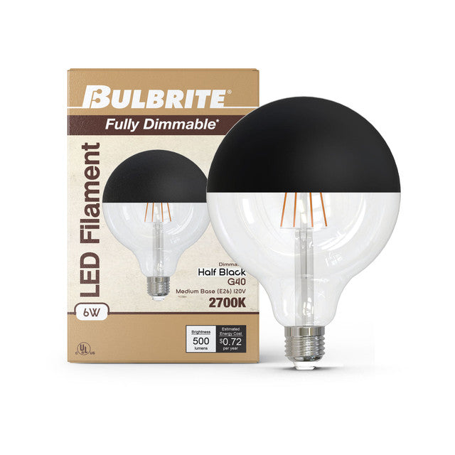 776836 - Filaments Dimmable G40 Half Black Glass Medium Base - 6 Watt - 2700K - 2 Pack