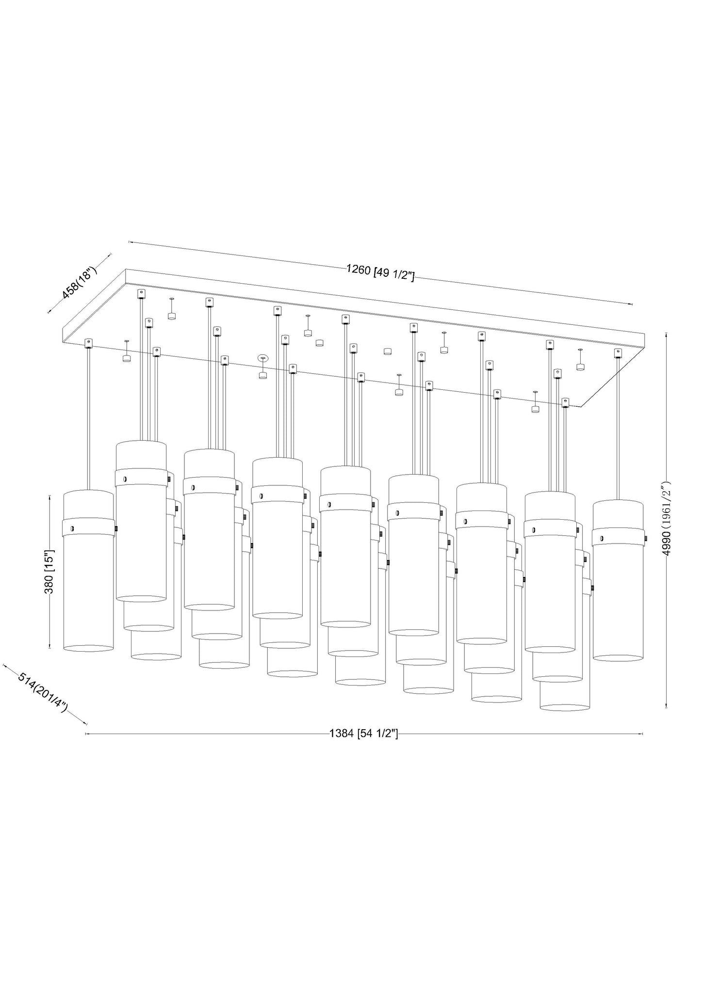 7002P5-23L-RB - Fontaine 23 Light Linear 54" Chandelier - Rubbed Brass