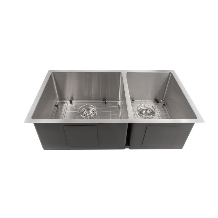 SR60D-33 - 33" Chamonix Undermount Double Bowl Stainless Steel Kitchen Sink with Bottom Grid
