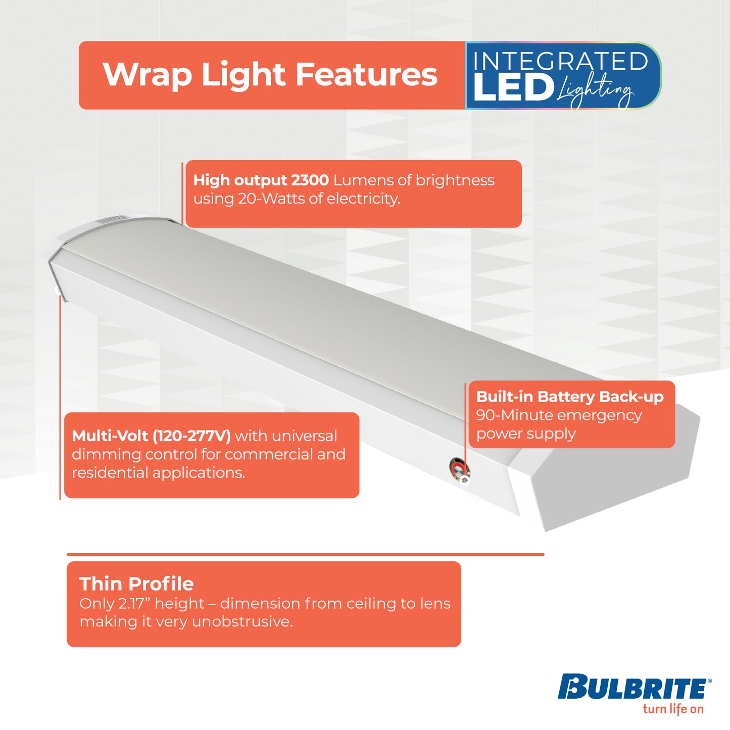 773505 - 2 ft. Integrated 5 Color Selectable LED Dimmable Wraparound Light W/ Battery Backup (120-277v), 2300 Lumens, White