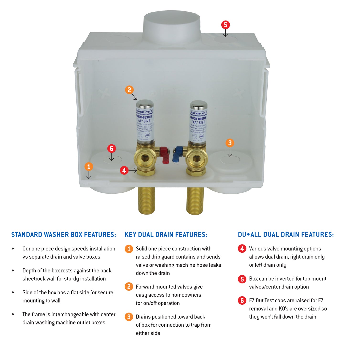 85703 - DU-All Dual Drain Washing Machine Outlet Box - Brass Quarter Turn Valves with Arrestors - 1/2" Sweat
