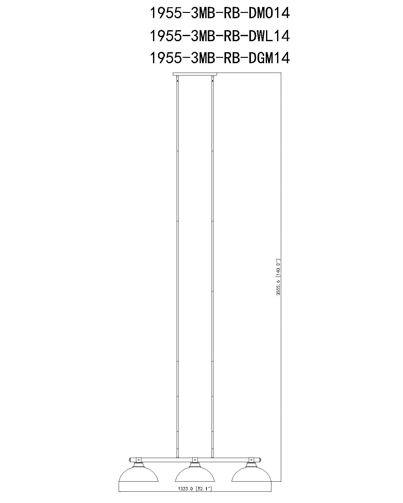 1955-3MB-RB-DWL14 - Bronte 3 Light 52" Billiard - Matte Black / Rubbed Brass