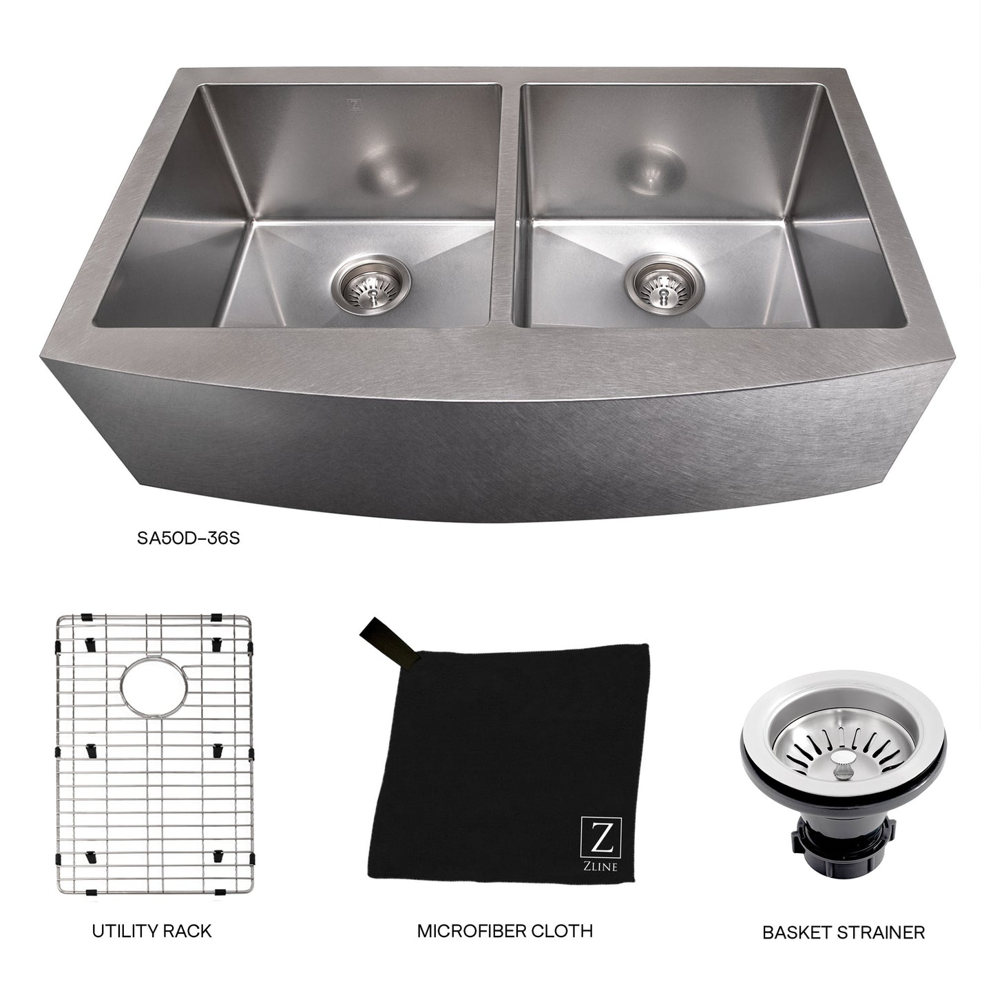 SA50D-36S - 36" Niseko Farmhouse Apron Mount Double Bowl Satin Stainless Steel Kitchen Sink with Bottom Grid