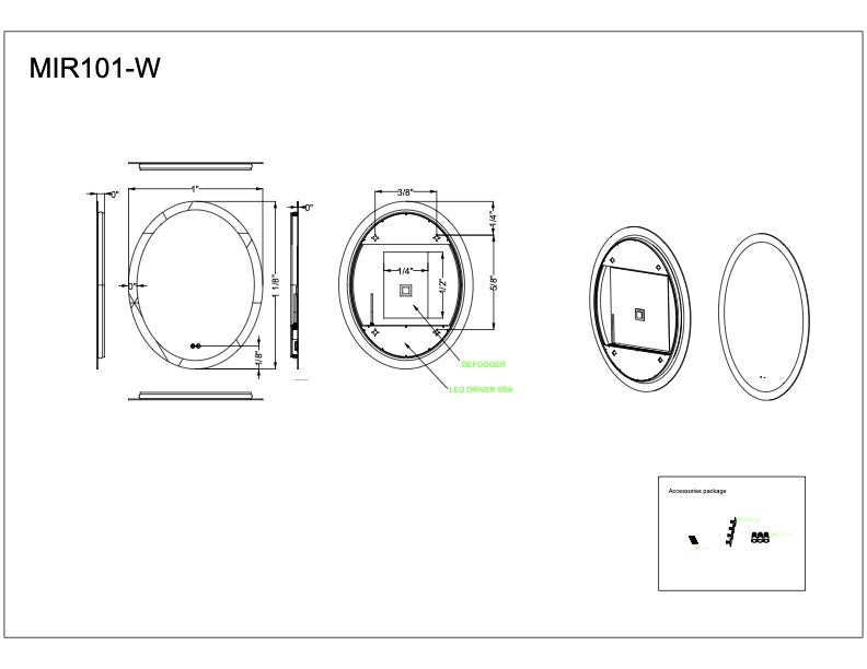 MIR101-W - Frameless,LED Mirror 1 Light 24" Wide Illuminated Mirror - White