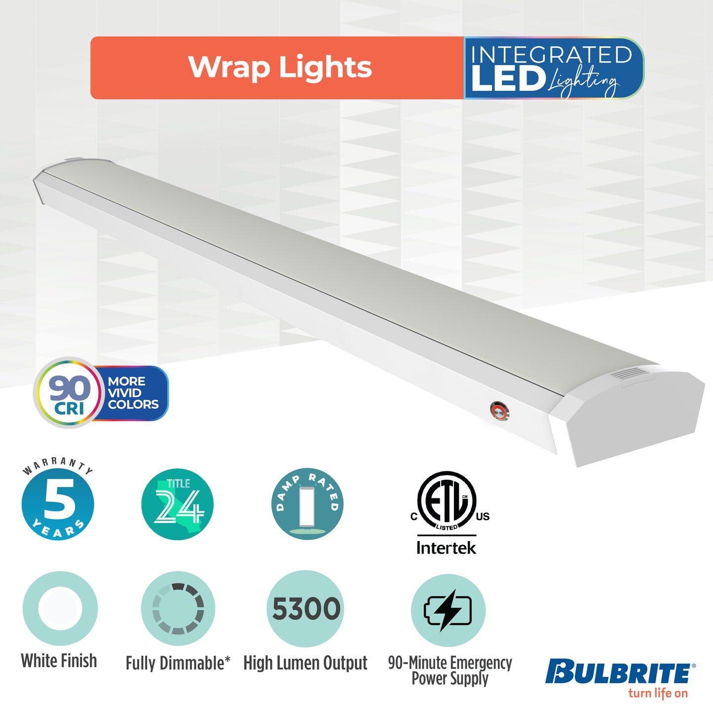 773507 - 4 ft. Integrated 5 Color Selectable LED Dimmable Wraparound Light W/ Battery Backup (120-277v), 5300 Lumens, White