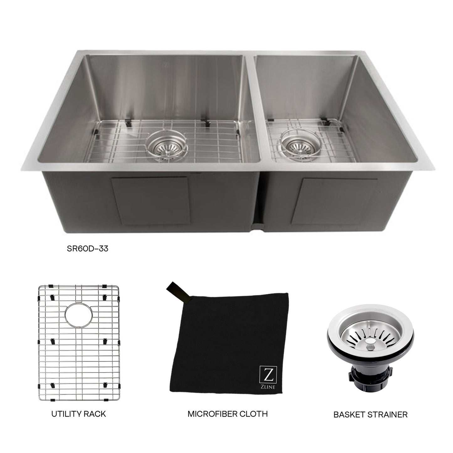 SR60D-33 - 33" Chamonix Undermount Double Bowl Stainless Steel Kitchen Sink with Bottom Grid