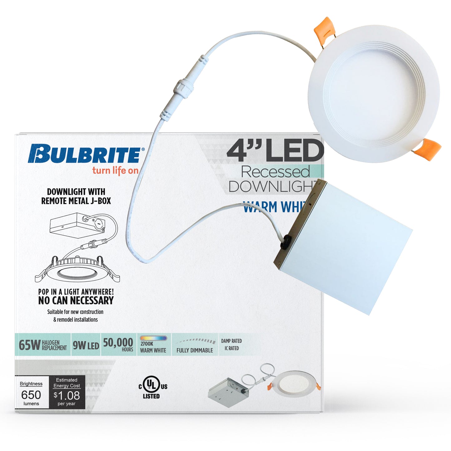 773210 - 9 Watt LED 4" RECESSED DOWNLIGHT W/ METAL JBOX WHITE ROUND DIMMABLE 80CRI 2700K 120V-2PK - 2 Pack