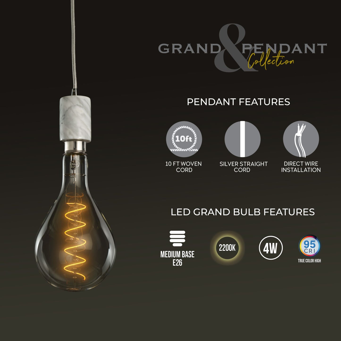 776300 - 4 Watt LED PEAR SHAPED GRAND 2200K FILAMENT W/ WHITE MARBLE PENDANT WITH WHITE STRING