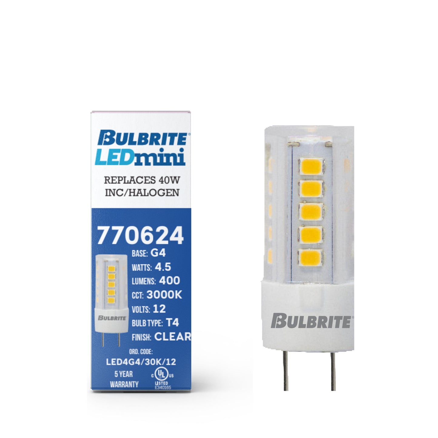 770624 - Clear T4 LED G4 Base Light Bulb - 4.5 Watt - 3000K - 2 Pack