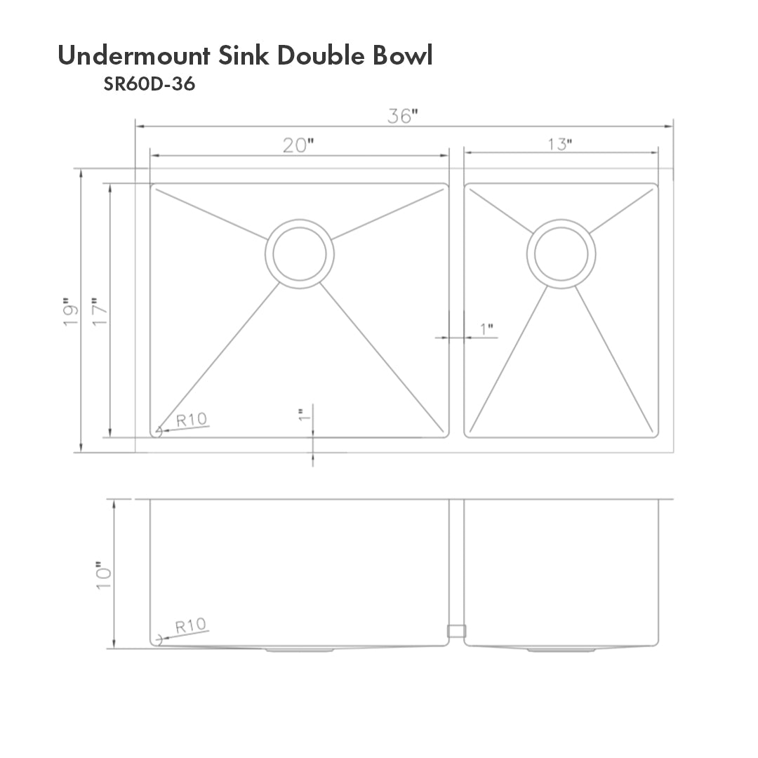 SR60D-36 - 36" Chamonix Undermount Double Bowl Stainless Steel Kitchen Sink with Bottom Grid