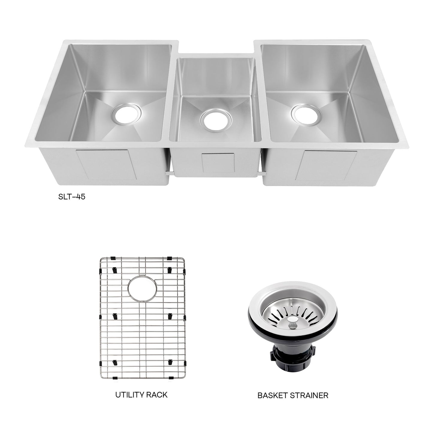 SLT-45 - 45" Breckenridge Undermount Triple Bowl Stainless Steel Kitchen Sink with Bottom Grid and Accessories