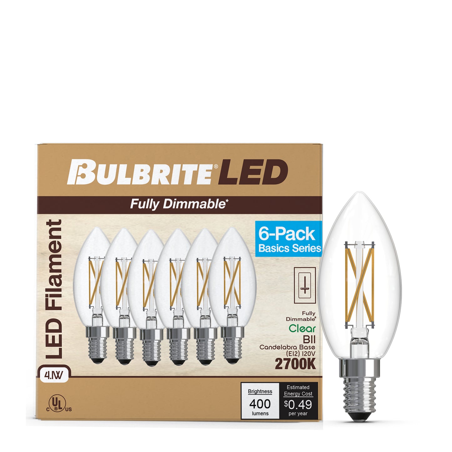 776229 - Filaments Dimmable Clear Glass B11 LED Light Bulb - 4.1 Watt - 2700K - 6 Pack