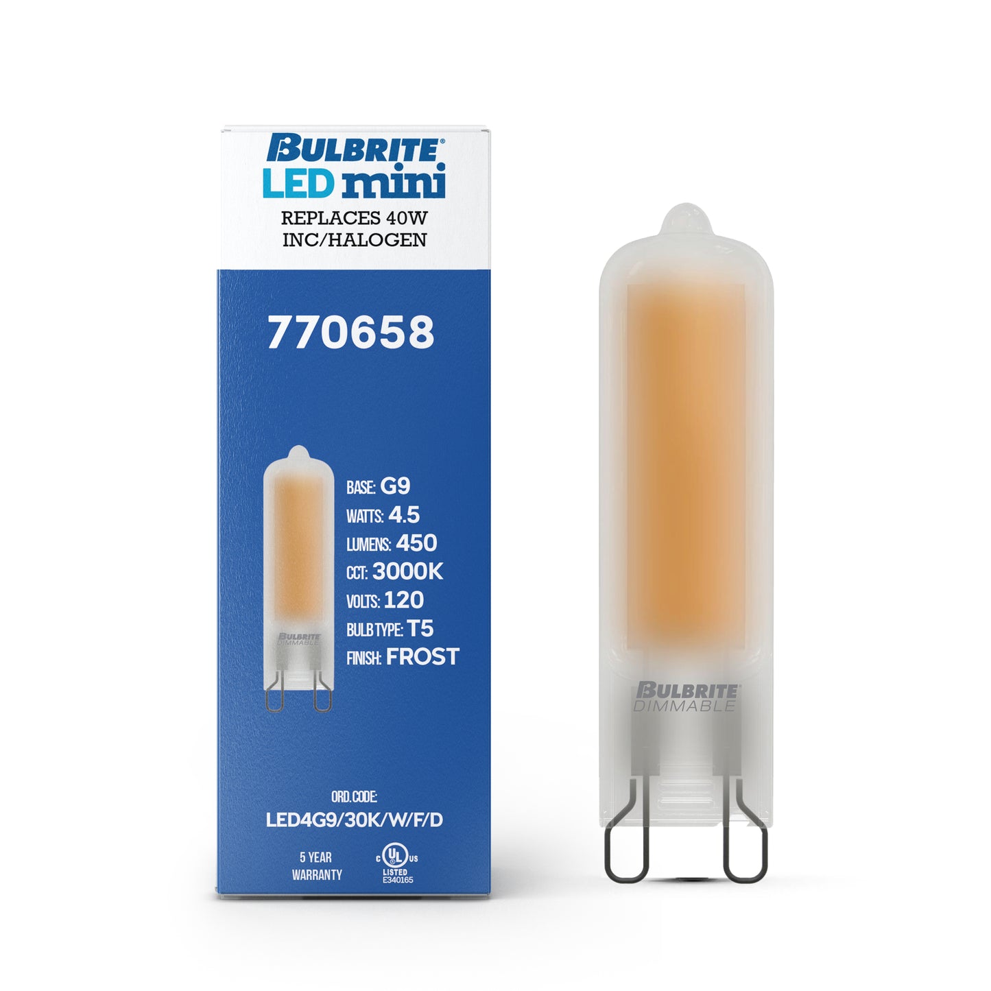 770658 - Dimmable Frost T5 LED G9 Base Light Bulb - 4.5 Watt - 3000K - 4 Pack