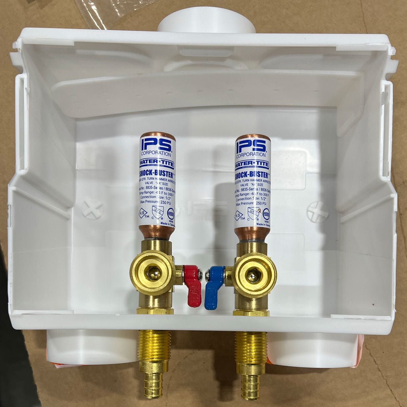DU-All Dual Drain Washing Machine Outlet Box - Brass Quarter Turn Valves with Arresters - 1/2" Uponor