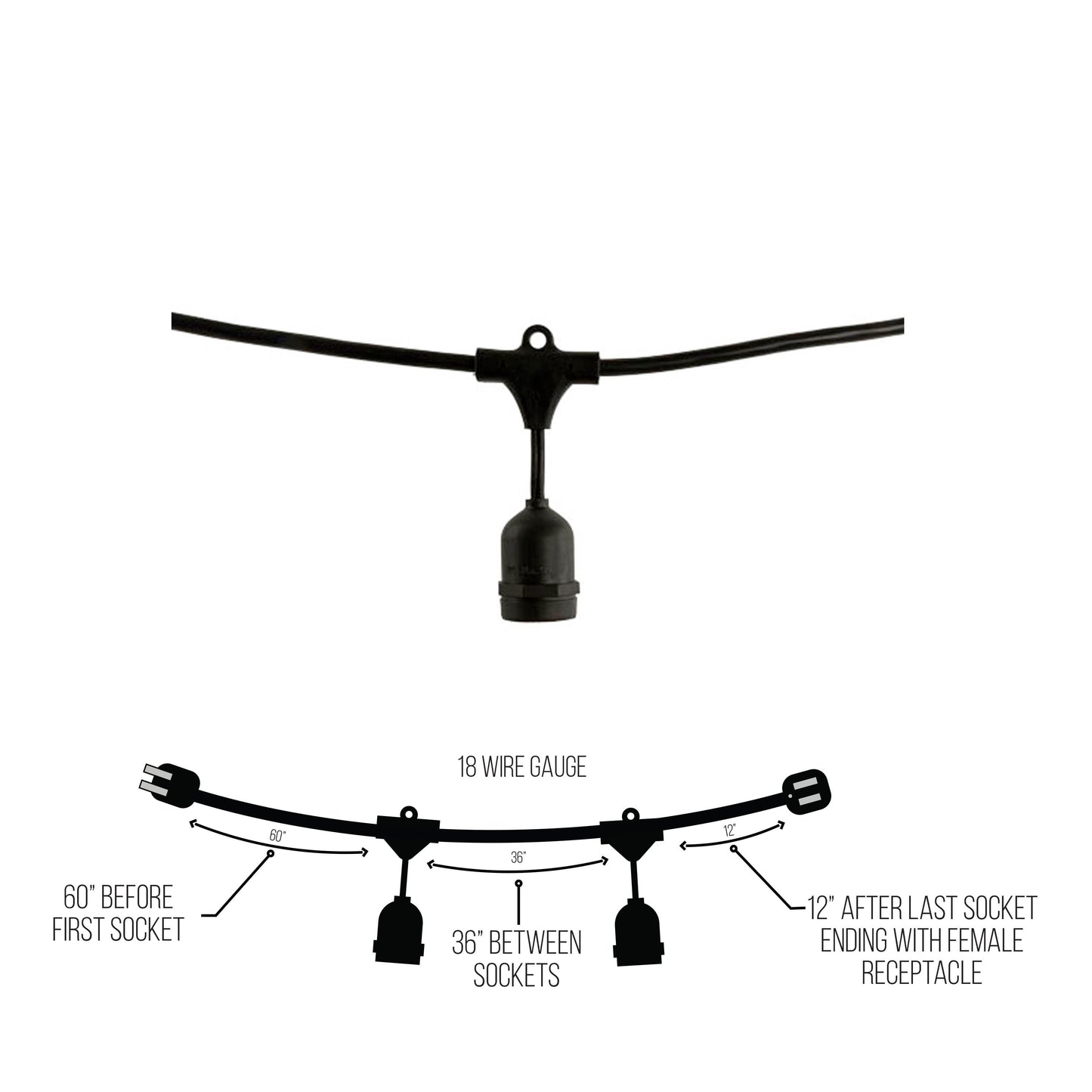 812480 - 48' STRING LIGHT 15 SOCKETS 36" SPACING E26 BLACK - NO BULBS