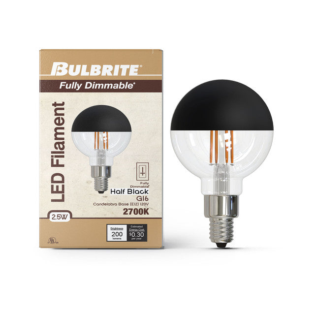 776834 - Filaments Dimmable G16 Half Black Glass Candelabra Base - 2.5 Watt - 2700K - 4 Pack