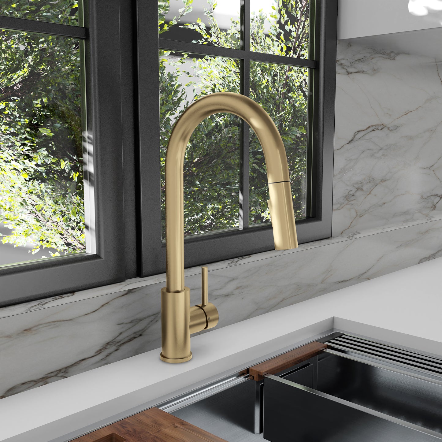 RBCN1-KF-CB - Rubicon Pull Down Single Handle Kitchen Faucet in Champagne Bronze