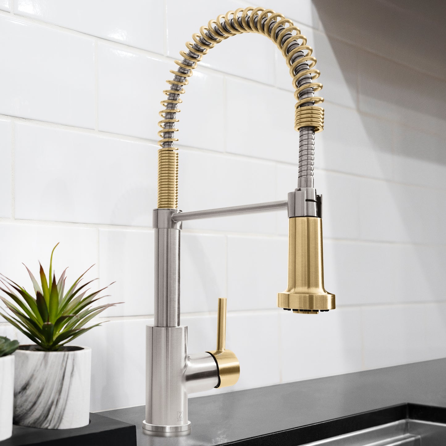 APL-KF-ZBNCB - Autograph Edition Apollo Pull Down Spring Single Handle Kitchen Faucet in Brushed Nickel and Champagne Bronze