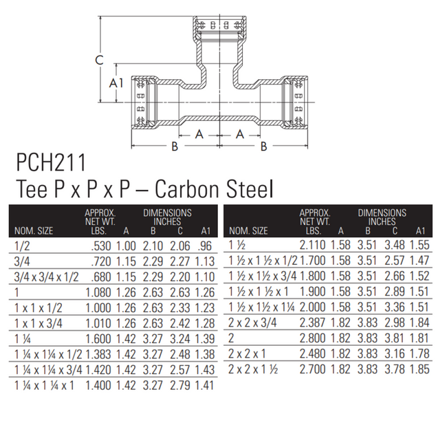 nibco press fittings 1-1/4" benchpress tee dimensions