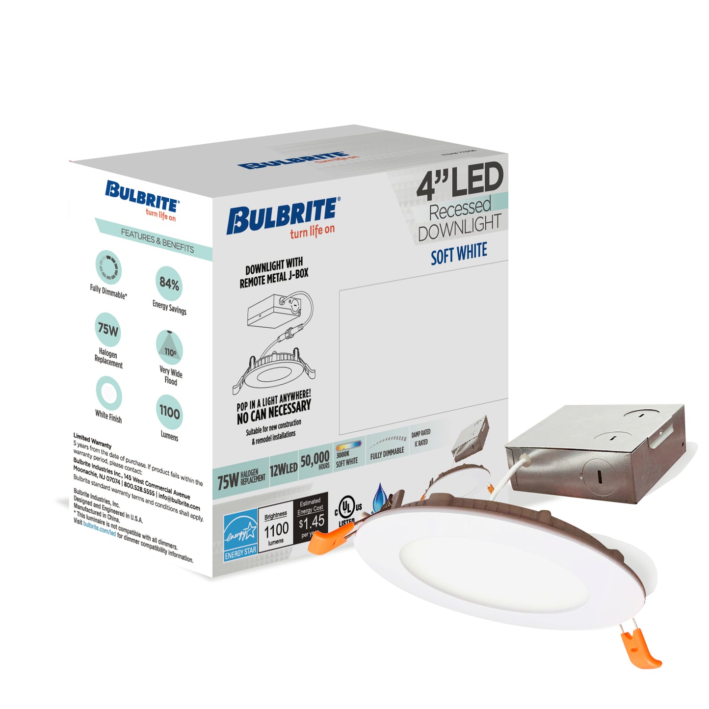 773216 - 4" Remote Junction Box LED Recessed Ceiling Light - 12 Watt - 3000K - 4 Pack