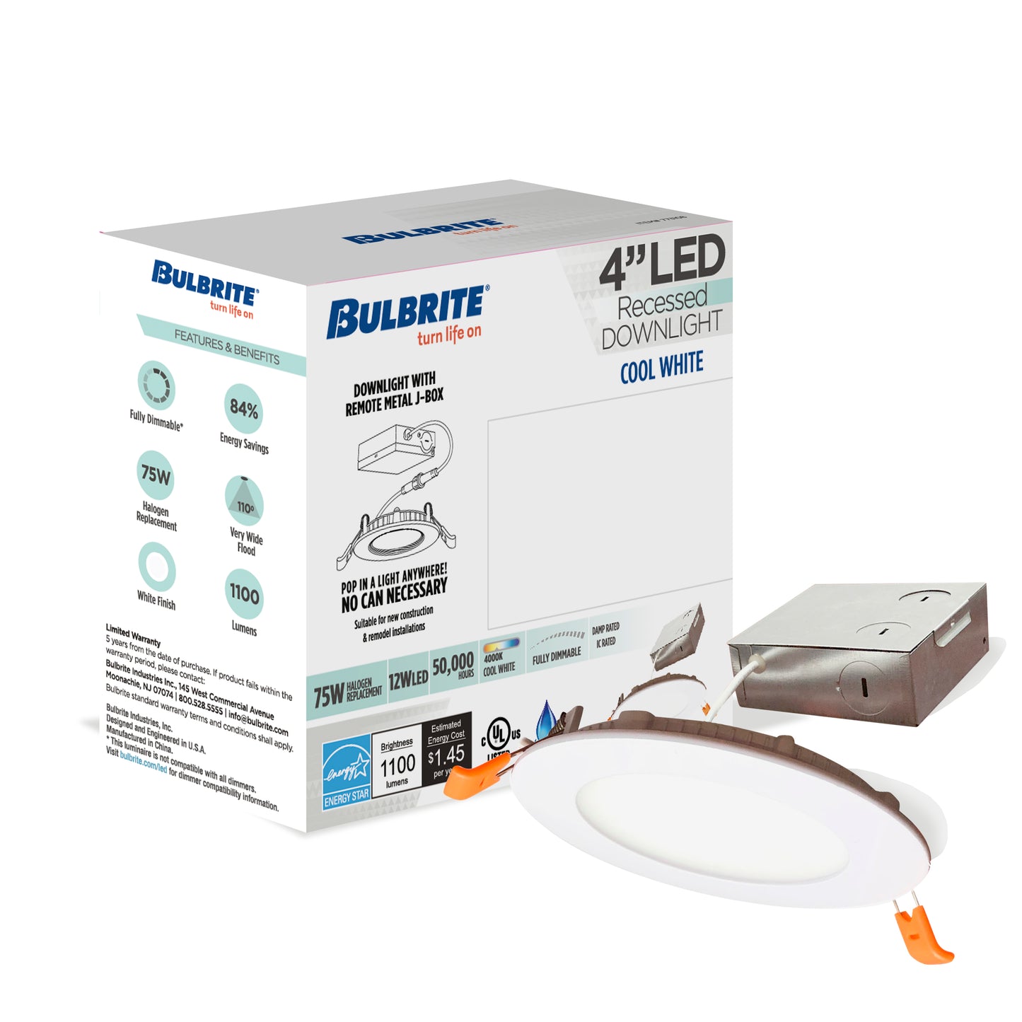 773217 - 4" Remote Junction Box LED Recessed Ceiling Light - 12 Watt - 4000K - 4 Pack