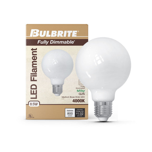 776978 - Filaments Dimmable G25 Milky Glass Medium Base - 8.5 Watt - 4000K - 4 Pack