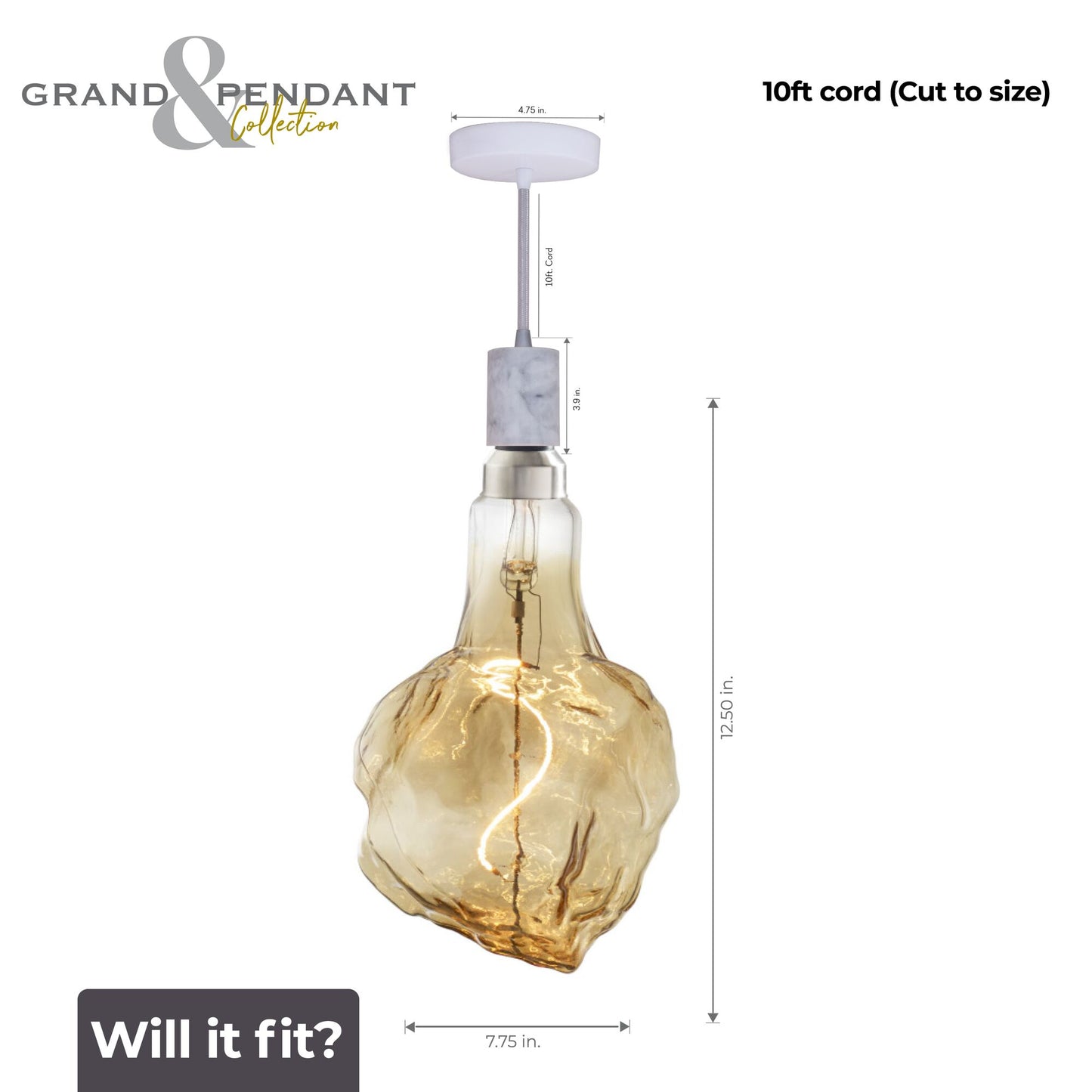 776320 - 4 Watt LED GLACIER NATURAL GRAND 2200K FILAMENT W/ WHITE MARBLE PENDANT WITH WHITE STRING