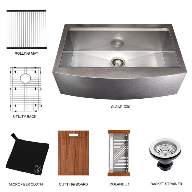 SLSAP-33S - 33" Moritz Farmhouse Apron Mount Single Bowl Satin Stainless Steel Kitchen Sink with Bottom Grid and Accessories