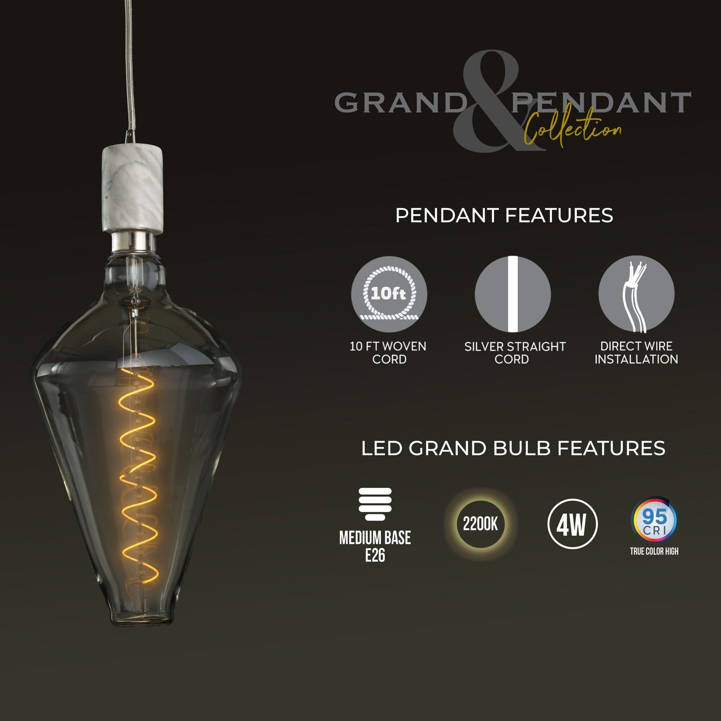 776305 - 4 Watt LED DIAMOND SHAPED GRAND 2200K FILAMENT W/ WHITE MARBLE PENDANT WITH WHITE STRING