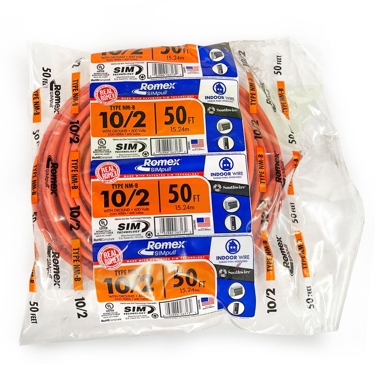 28829022 - 10/2 Orange Romex SIMpull NM-B Indoor Electrical Cable with Ground - 50 ft