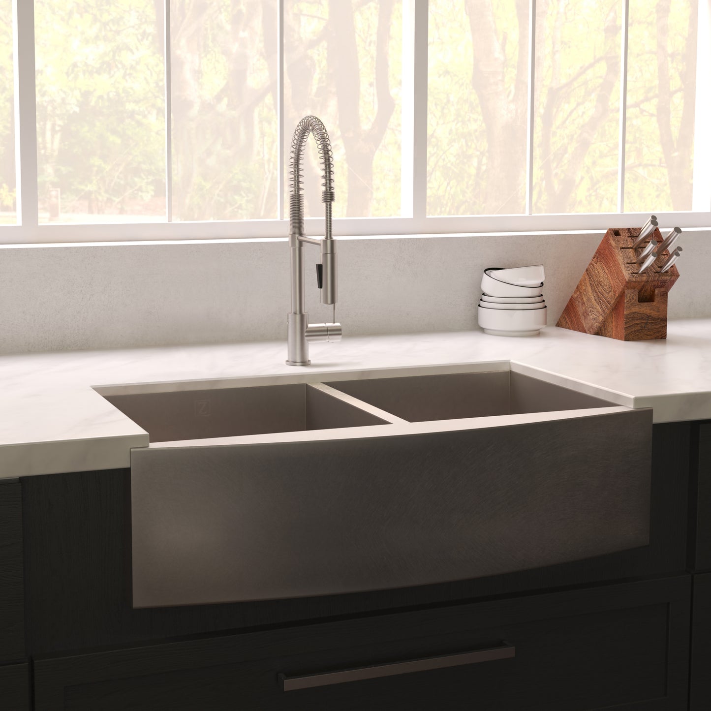 SA50D-36S - 36" Niseko Farmhouse Apron Mount Double Bowl Satin Stainless Steel Kitchen Sink with Bottom Grid