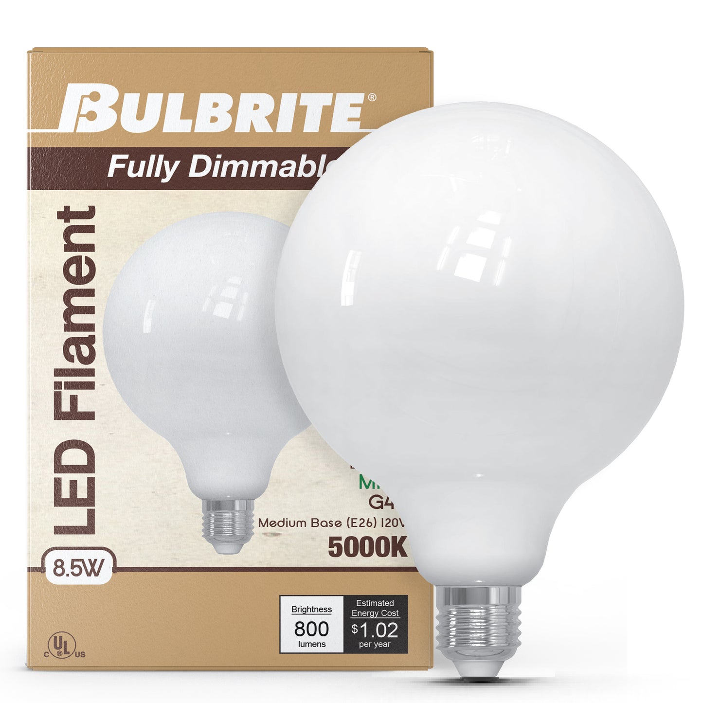 776984 - Dimmable Milky G40 LED Light Bulb - 8.5 Watt - 5000K - 2 Pack