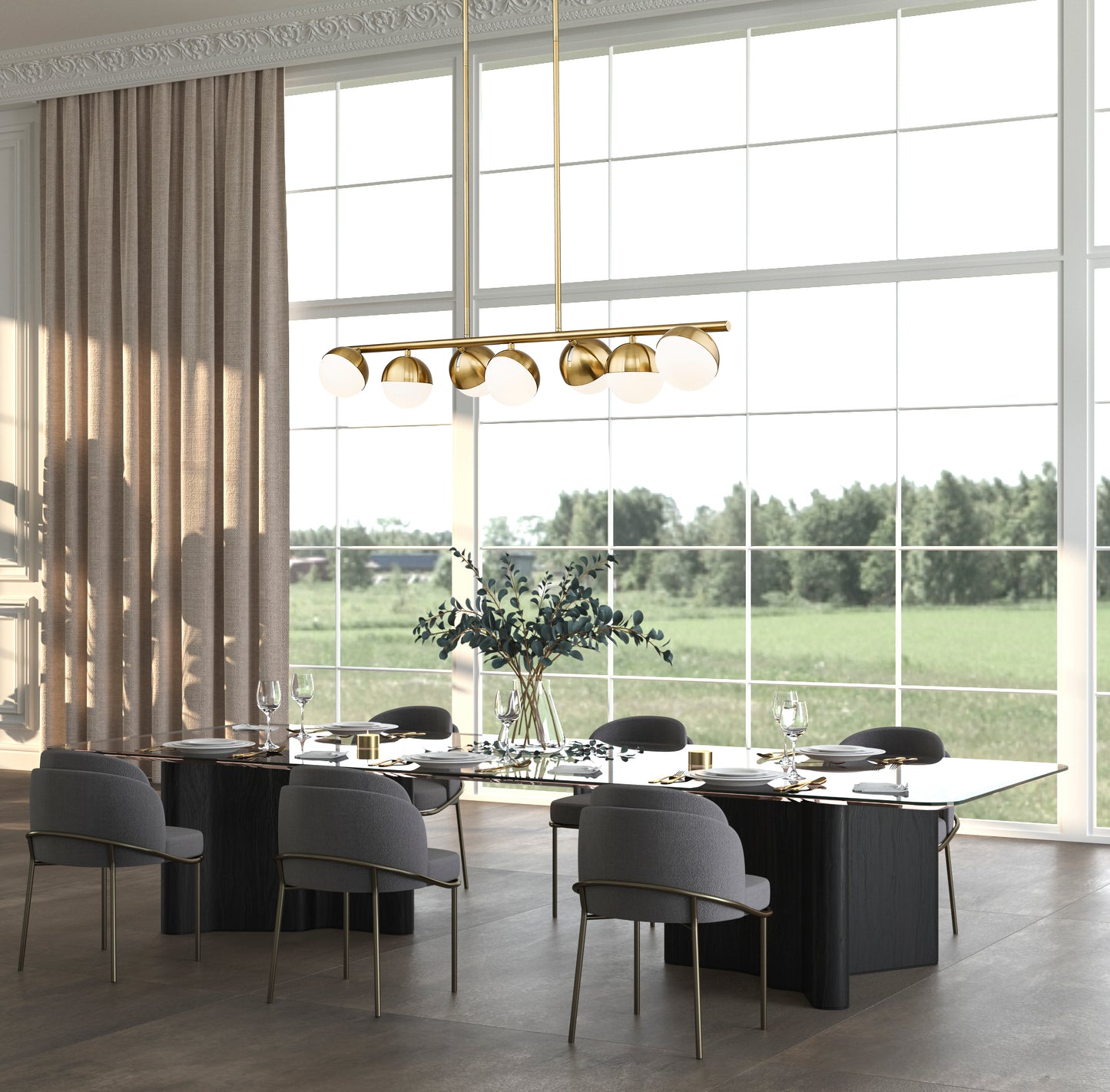 7517-7L-MGLD - Realm Sphere 7 Light Linear 54" Chandelier - Modern Gold