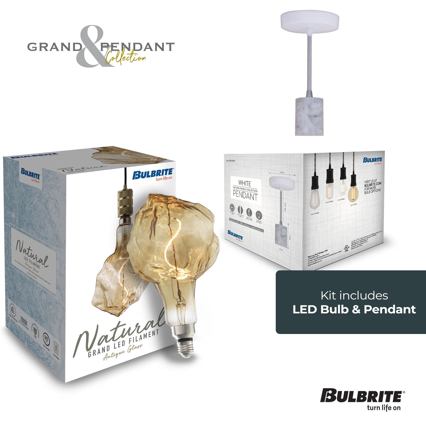 776320 - 4 Watt LED GLACIER NATURAL GRAND 2200K FILAMENT W/ WHITE MARBLE PENDANT WITH WHITE STRING