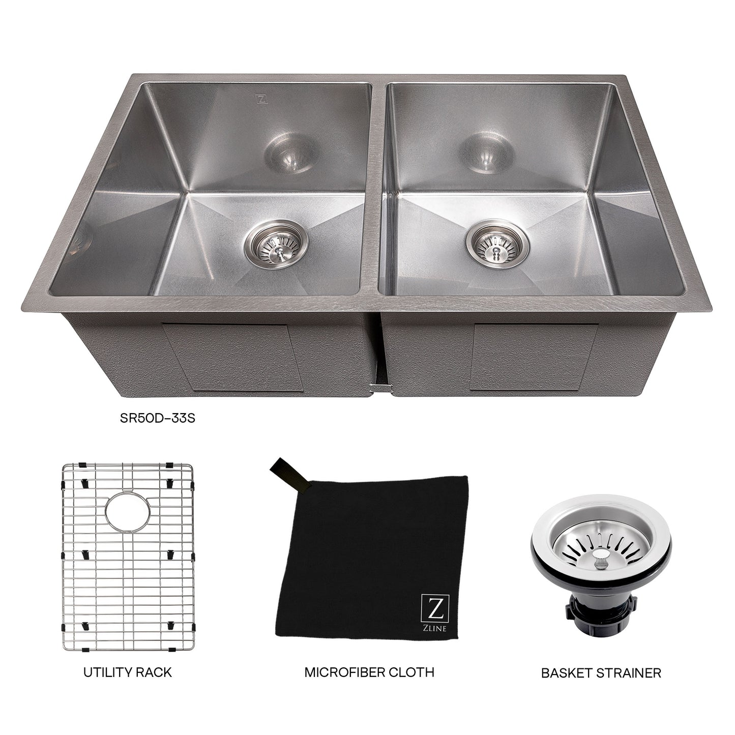 SR50D-33S - 33" Anton Undermount Double Bowl Satin Stainless Steel Kitchen Sink with Bottom Grid