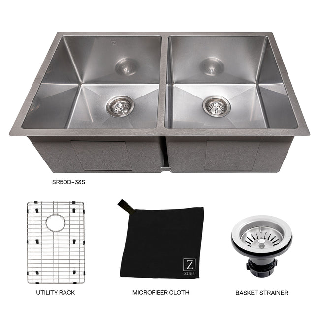 SR50D-33S - 33" Anton Undermount Double Bowl Satin Stainless Steel Kitchen Sink with Bottom Grid