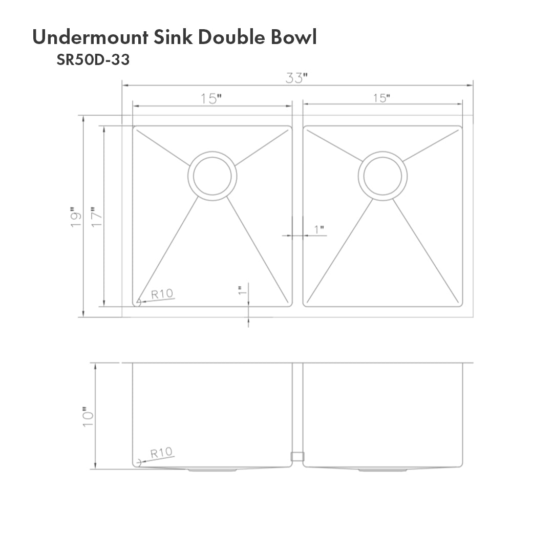 SR50D-33 - 33" Anton Undermount Double Bowl Stainless Steel Kitchen Sink with Bottom Grid