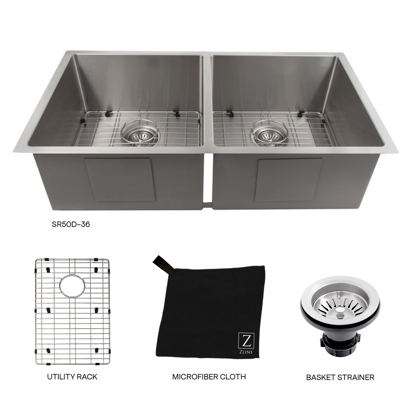 SR50D-36 - 36" Anton Undermount Double Bowl Stainless Steel Kitchen Sink with Bottom Grid