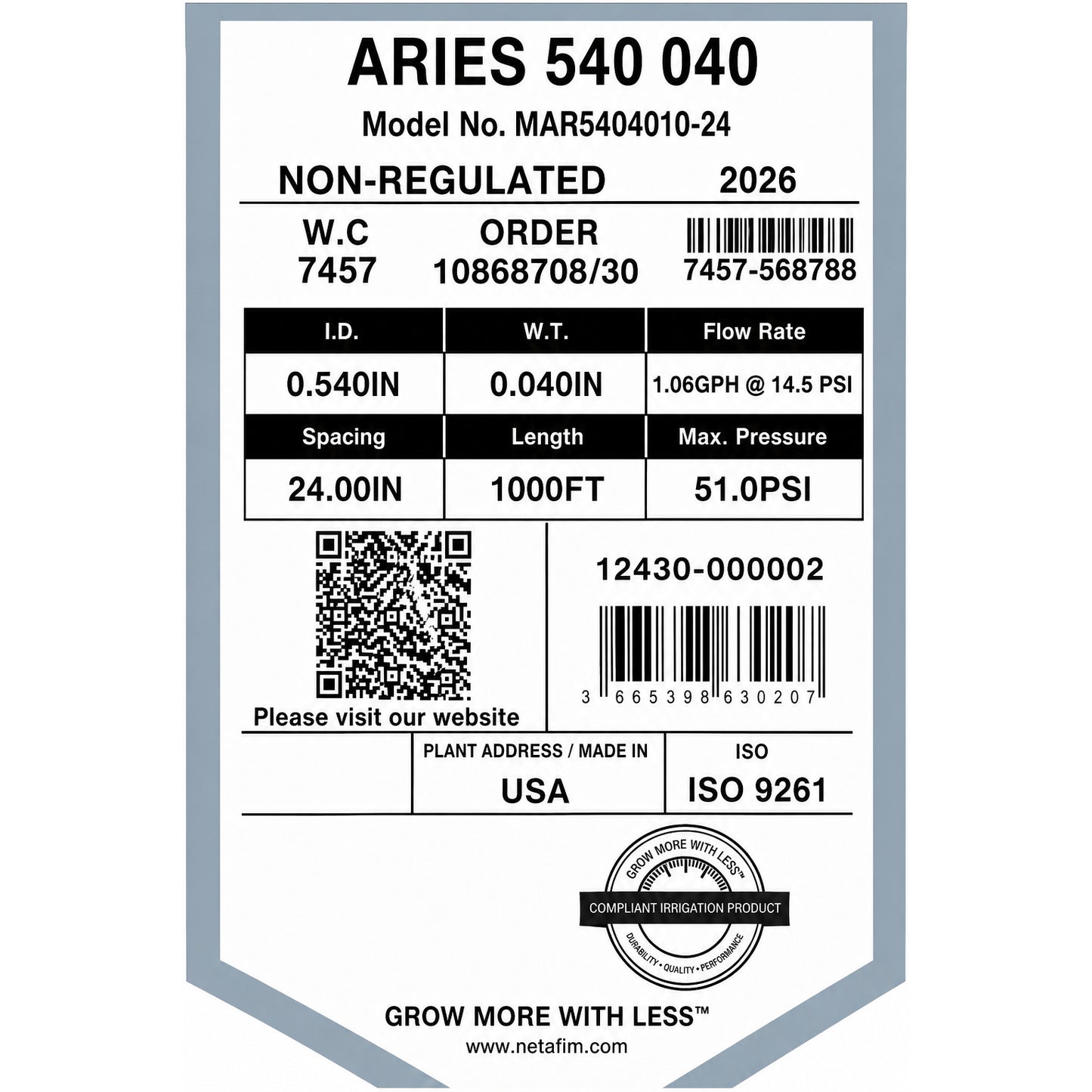 Aries 0.54" ID HEAVYWALL 24" Spacing Dripline - 1,000 ft