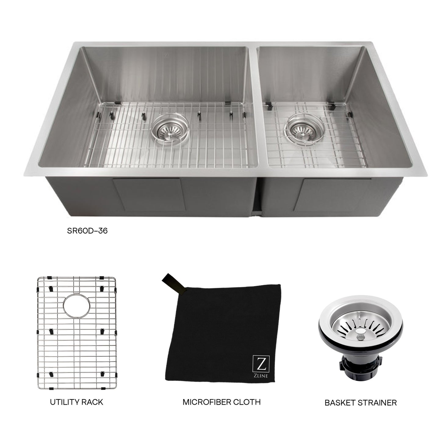 SR60D-36 - 36" Chamonix Undermount Double Bowl Stainless Steel Kitchen Sink with Bottom Grid
